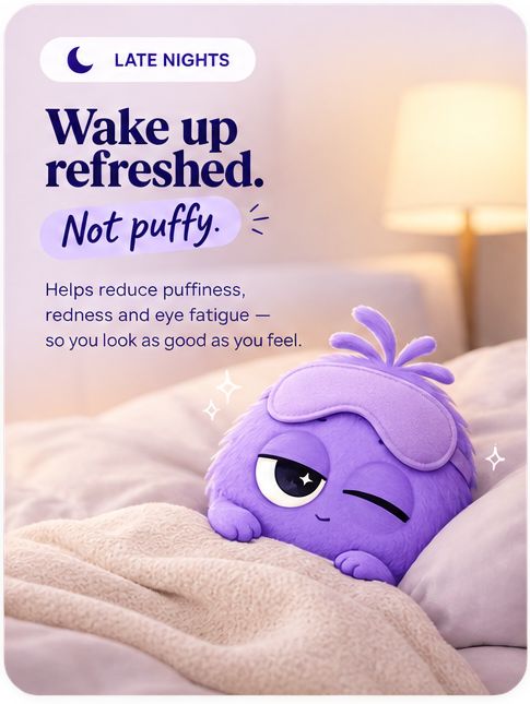 After Hours late nights card with purple character resting in bed