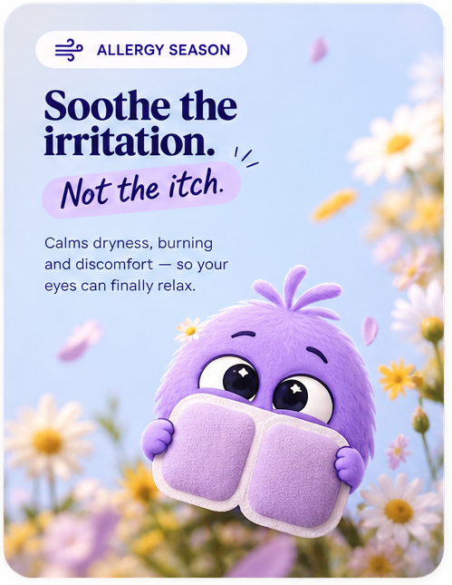 After Hours allergy season card with purple character holding an eye compress