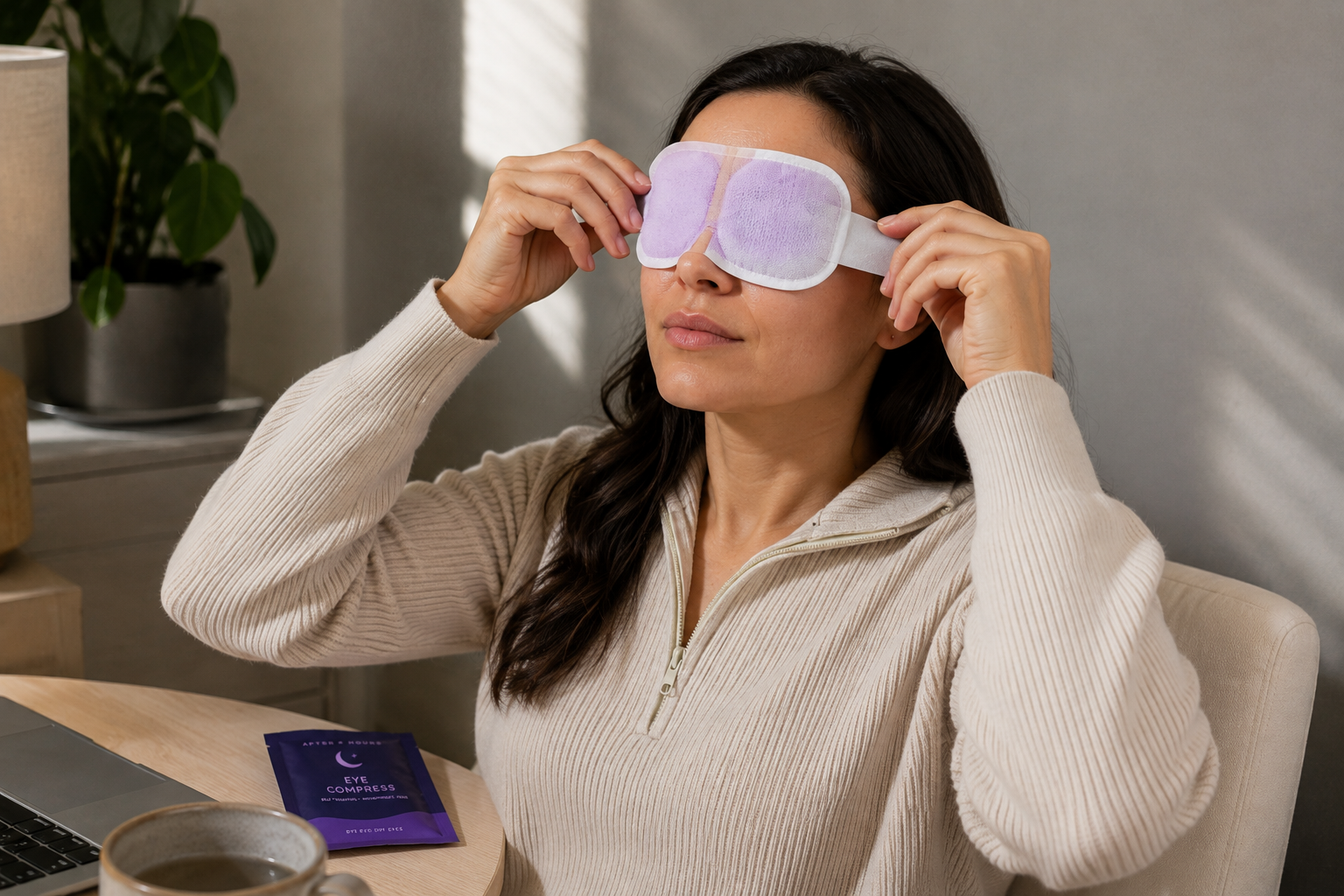 Placing the After Hours self heating eye compress over closed eyes